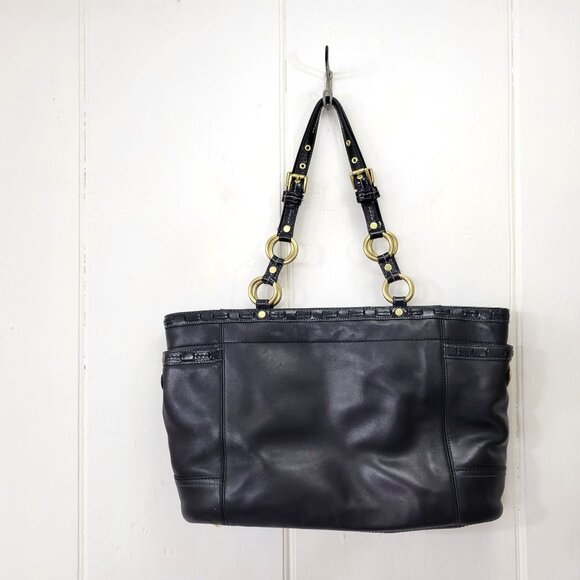 Coach Black Leather Tote Handbag With Gold Hardware & Blue Lining - Picture 2 of 9